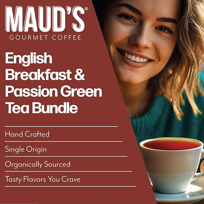 Maud's Organic Passion Green Tea & Organic English Breakfast Black Tea Bundle, 48 ct, Recyclable Single Serve Pods – 100% Gourmet Blended Tea Leaves, Compatible with Keurig K Cups Maker