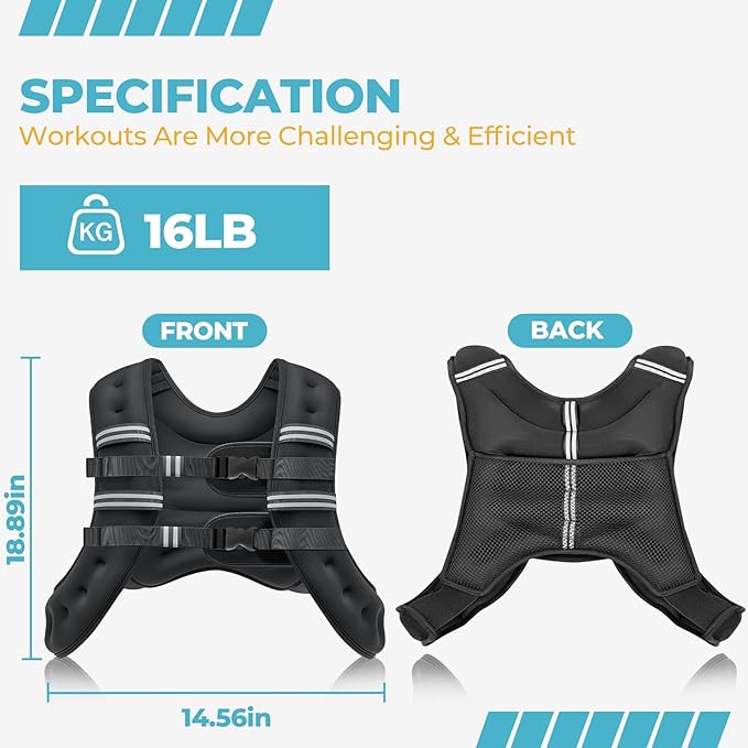 Weighted Vest, 12lb/16lb/20lb Weight Vest with Reflective Stripes for Men Women, Two Adjustment Straps for Workout, Strength Training, Running, Fitness, Muscle Building, Weight Loss