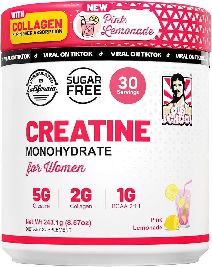 Old School Labs 5g Creatine Monohydrate Powder with Collagen & BCAA ∣ Women's Post-Workout Formula for Muscle Repair & Recovery, Energy & Lean Muscle Support, 30 Servings Pink Lemonade