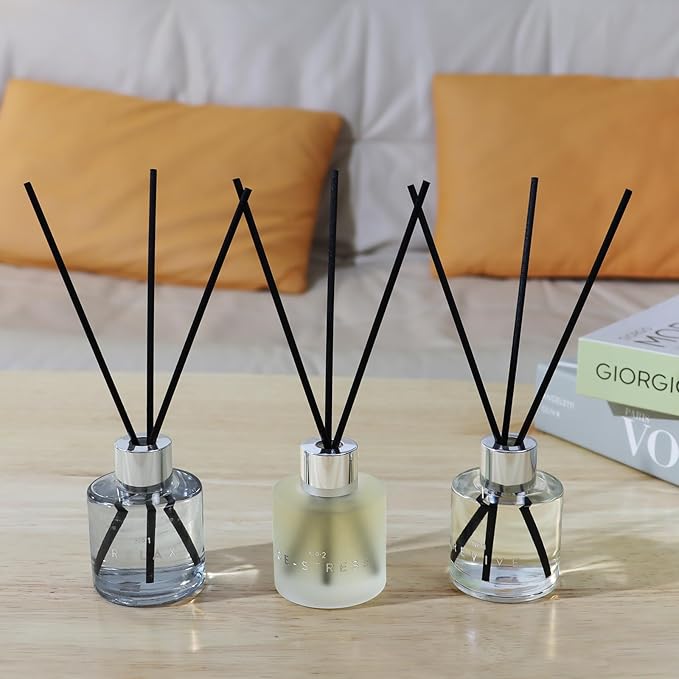 3 Pack Fragrance Reed Diffuser, 50ML Lavender Jasmine Freesia Aromatherapy Diffuser Set with 12 Black Fiber Sticks,Air Freshener for Bedroom Bathroom Office, 8.2X 6.6X 2.1 inch