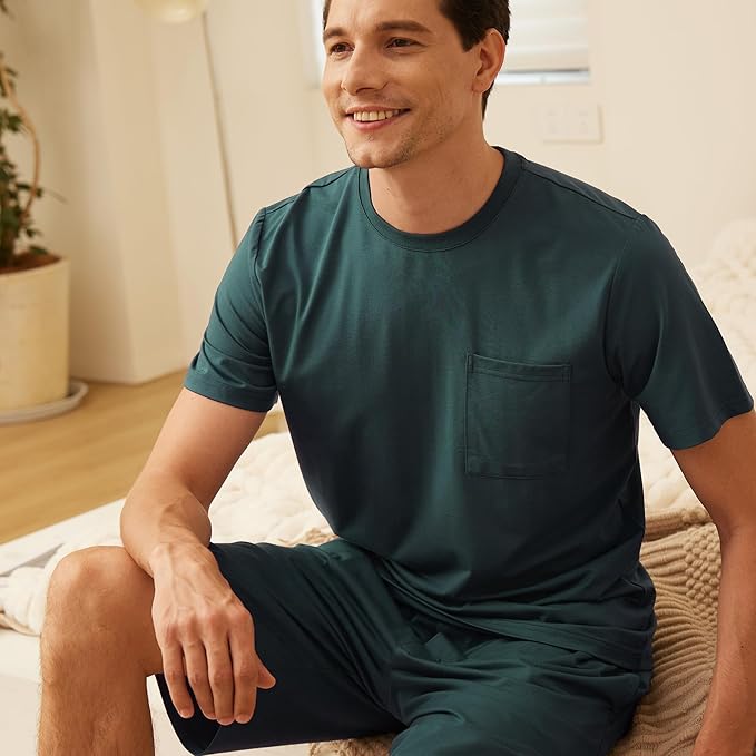 BAMBOO COOL Mens Pajama Set Summer Pjs Sleepwear Short Sleeve Shirts Soft Lightweight Sleep Sets with Pockets S-2XL
