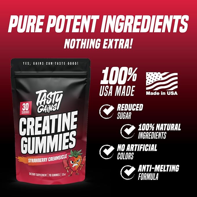 TASTY GAINS Creatine Gummies - 90g of Creatine Monohydrate - Workout Supplements - Build Muscle & Boost Strength for Men & Women - Made in USA - Non GMO - (Large, Strawberry Creamsicle Flavor)