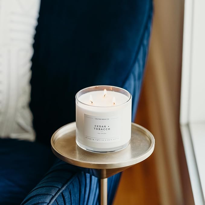 Calyan Wax Co. 3 Wick Candle, Cedar + Tobacco Scented Candle, 43 Hour Burn Time, 3 Wick Soy Candles, Non Toxic & Vegan Soy Wax, Glass Jar Scented Candles, 14.9oz