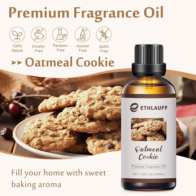 Oatmeal Cookie Fragrance Oil, 100ml Cookie Essential Oil for Halloween,Essential Oil Diffusers for Home, Scented Oils for Candle,Soap Making, Bath Bombs -3.38FL.OZ