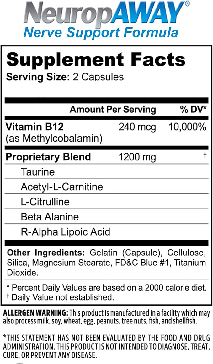 NeuropAWAY Nerve Support Supplement, R-Alpha Lipoic Acid to Help Provide Nerve Relief and Health in as Little as 5 Days, Acetyl-L-Carnitine, Taruine, Vitamin B12, L-Citrulline 60 Capsules