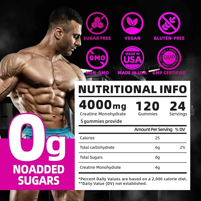 Flavored creatine monohydrate gummies sugar free,Pre workout supplements creatine gummies for men&women,Gym supplements,Supports muscle growth,Recovery,Strength,Energy Boost(120 count)-watermelon
