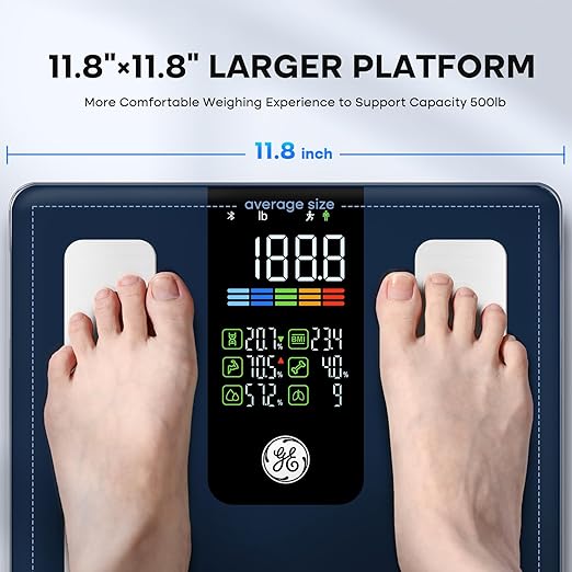 GE Smart Scale for Body Fat, Weight Scales with BMI Muscle Mass Button Function 500lbs Digital Bathroom Weight Machine Body Composition Monitor 11.8" Platform Accurate Weighing Health Analyzer