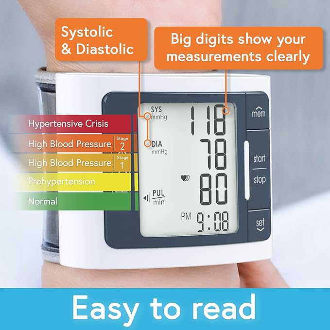 iProven Wrist Blood Pressure Monitor for Home Use – Heart Rate Display, Large Wrist Cuff, LCD Screen, Color-Coded Indicator