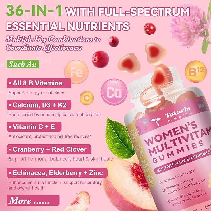 Totaria Sugar Free Multivitamin Gummies for Women 14+ w/Iron, Inositol, Folate, Biotin, Womens Daily Multivitamin Gummy w/Vitamin A, C, B, D3, K2, for Hair, Skin, Energy, Immune, Peach Flavor