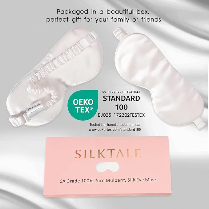 100% Mulberry Silk Eye Mask for Sleeping with Silk Wrapped Adjustable Strap,Ivory White