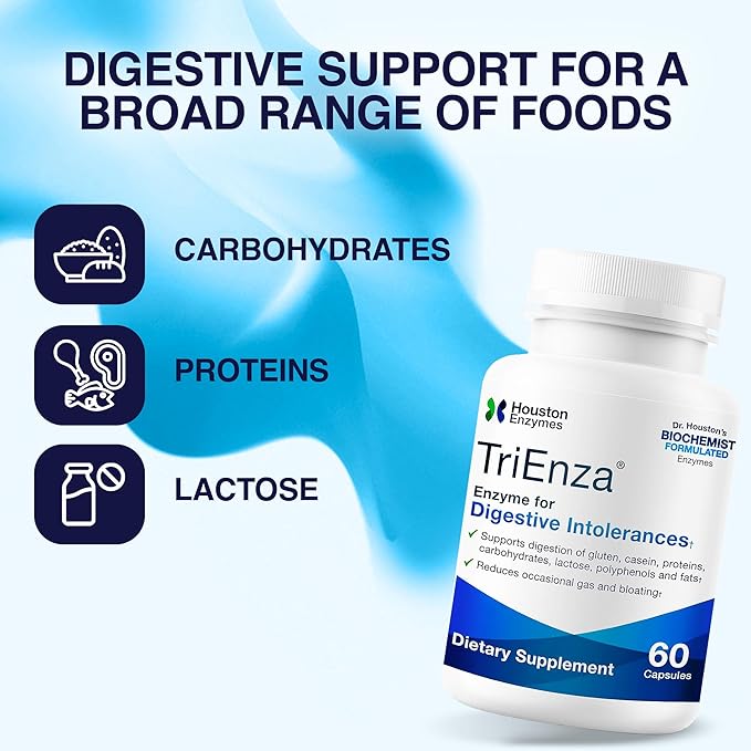 Houston Enzymes TriEnza - Digestive Enzyme Supplement for Gluten, Casein, Soy, Proteins, Carbohydrates, Fats & Polyphenols - Digestive Enzymes for Women & Men (60 Capsules)