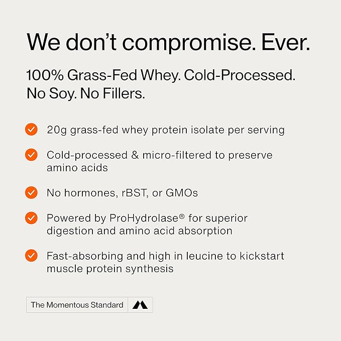 Momentous Essential Grass-Fed Whey Protein Powder - 20g Whey Isolate Protein - NSF Certified, Gluten-Free, 24 Servings for Essential Everyday Use, Chocolate (Package May Vary)