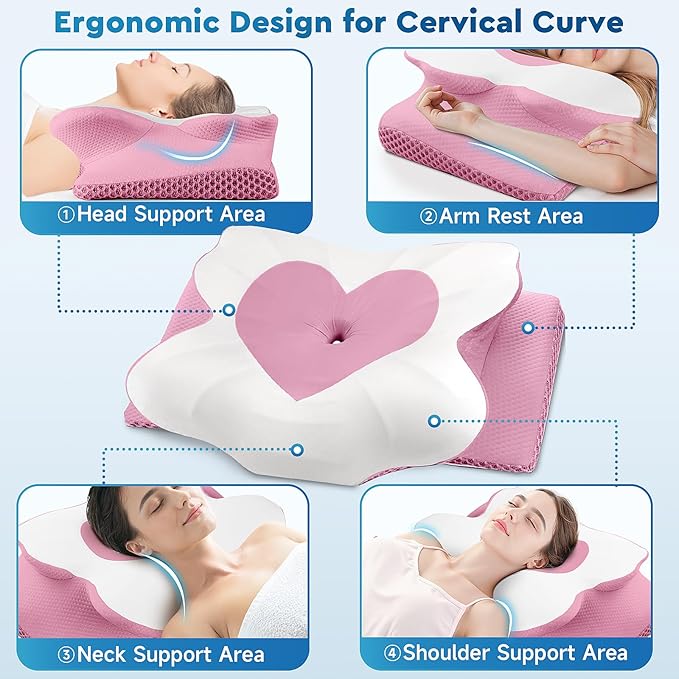 Cervical Neck Pillow, Memory Foam Neck Support Pillows for Sleeping, Shoulder Pillow for Side Sleepers, Back Stomach Sleepers, CertiPUR-US Certified, Queen Size, Pink