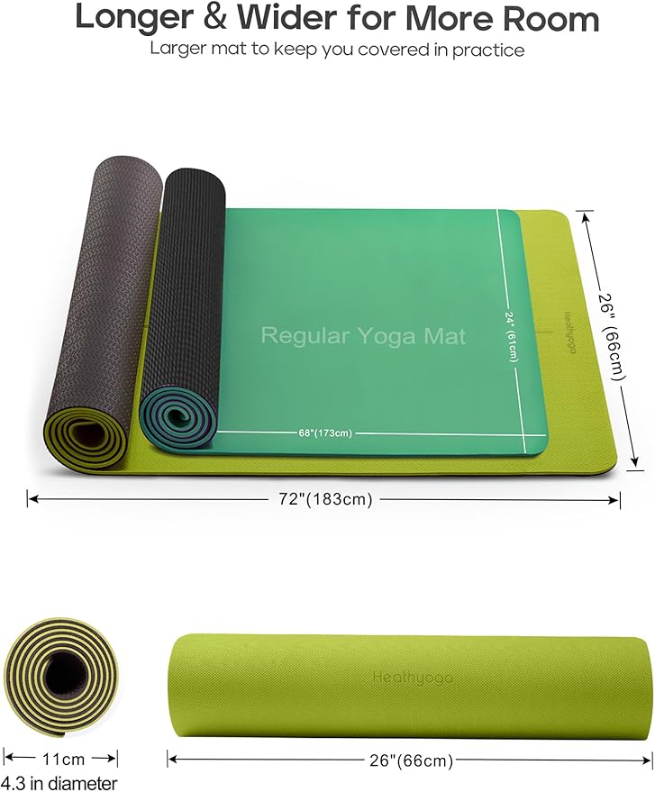 Heathyoga Eco Friendly Non Slip Yoga Mat, Body Alignment System, SGS Certified TPE Material - Textured Non Slip Surface and Optimal Cushioning,72"x 26" Thickness 1/4"