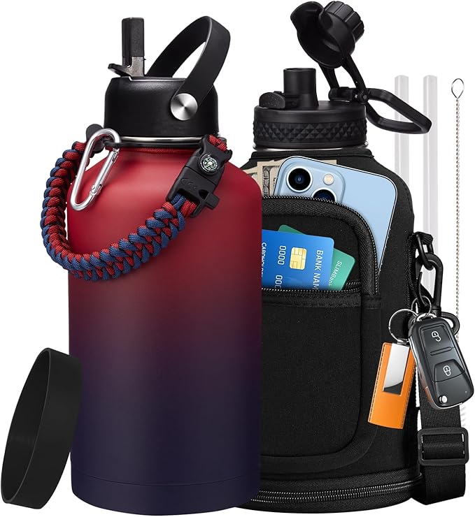 64OZ Stainless Steel Water Bottles - Half Gallon Water Bottle with Straw Lids, Reusable Vacuum Insulated Water Jug w/Carrier Bag, Leak Proof Metal Waterbottle for Sports Gym Workout Travel Hiking