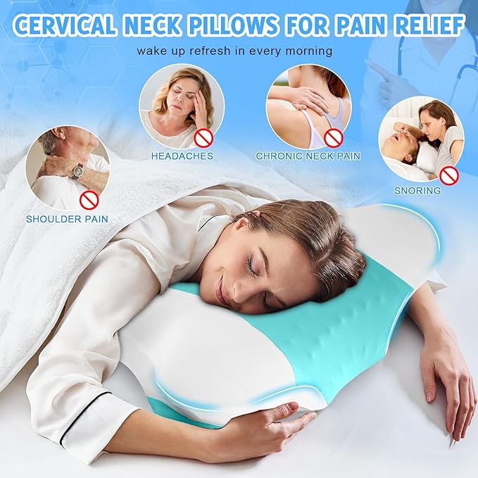 Cervical Neck Pillows with Memory Foam - Ergonomic Neck Support Pillows for Pain Relief Contour Memory Foam - Adjustable Orthopedic Bed Pillows with Cooling Pillowcase for Sleeping - Green