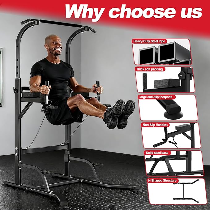 Power Tower Pull Up Bar Dip Station for Home Gym, Adjustable Height Strength Training Equipment with Resistance Bands and Grip Rope