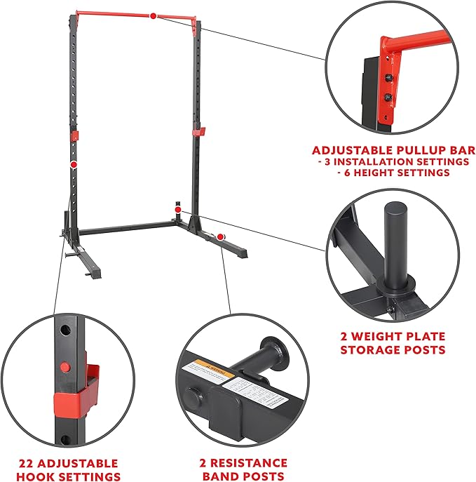 Sunny Health & Fitness Power Cage and Squat Rack In High Weight Capacity with J-Hooks, Adjustable Pull Up Bar, Weight Plate Holders, Resistance Band Posts