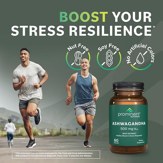 Prominent Nutrition Ashwagandha Supplement - Clinically Researched Shagandha Root Extract for Healthy Mood & Stress Support, Standardized to 2.5% Withanolides, 500 mg, 60 Vegan Capsules - 1 Pack