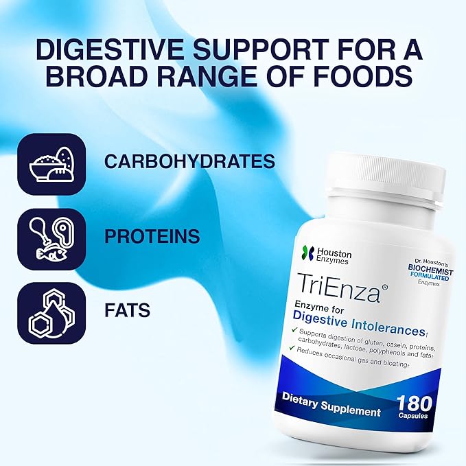 Houston Enzymes TriEnza Digestive Enzymes for Women & Men, Digestive Enzyme Supplements for Proteins, Carbs, Fats & Polyphenols Help Break Down Wheat, Dairy, Soy, 180 Capsules (90 Doses)