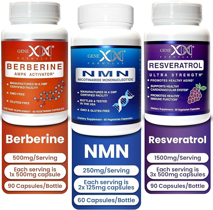 GENEX NMN, Resveratrol, and Berberine Power Pack Supplements | 250mg Nicotinamide Mononucleotide (NMN), Ultra Strength 500mg Resveratrol, & AMPK Activator Berberine 500mg for Healthy Aging (3 Bottles)