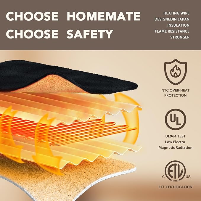Homemate Electric Heated Blanket Twin Size - 62"x84" Heating Blanket Twin Size 1/2/4/6/8 Hours Auto-Off 10 Heat Level Over-Heat Protection Flannel Sherpa ETL Certification