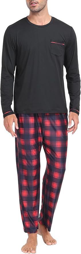 MoFiz Men's Pajamas Plaid Sets Sleepwear Sleep Long Sleeve Shirts and Pants Pajama Set Soft Mens Pjs Lounge Set with Pockets