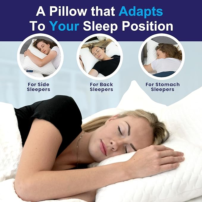 Sidney Sleep Set of 2 Queen Size Bed Pillows for Side and Back Sleepers - Adjustable Filling - Memory Foam Pillows for Neck and Shoulder Pain - Customizable Loft - Extra Foam Included (Blue)