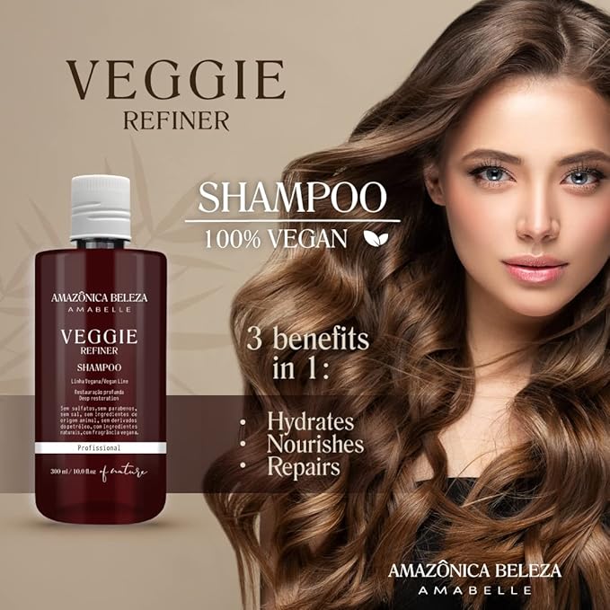 AMAZONICA BELEZA Vegan Veggie Refiner Shampo and Conditioner, Nourishes, Moisturizes and Repairs, Sulfate, Parabens and Cruelty Free, with Natural Ingredients for all Hair Types, 10 Oz