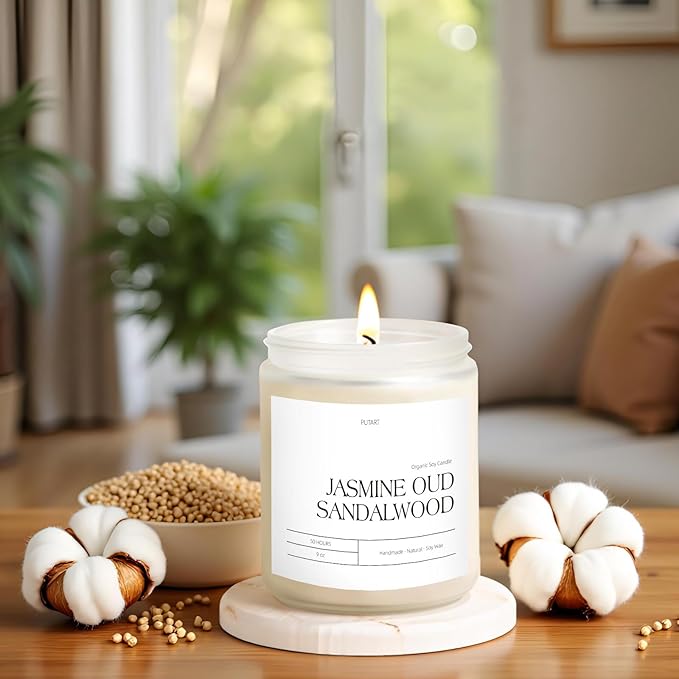 Jasmine, Oud & Sandalwood Scented Candles for Home, Natural Soy Wax Aromatherapy Non Toxic Candle Gifts for Women Men, Home Fragrance Decoration Glass Jar Candle for Relaxation (9oz White
