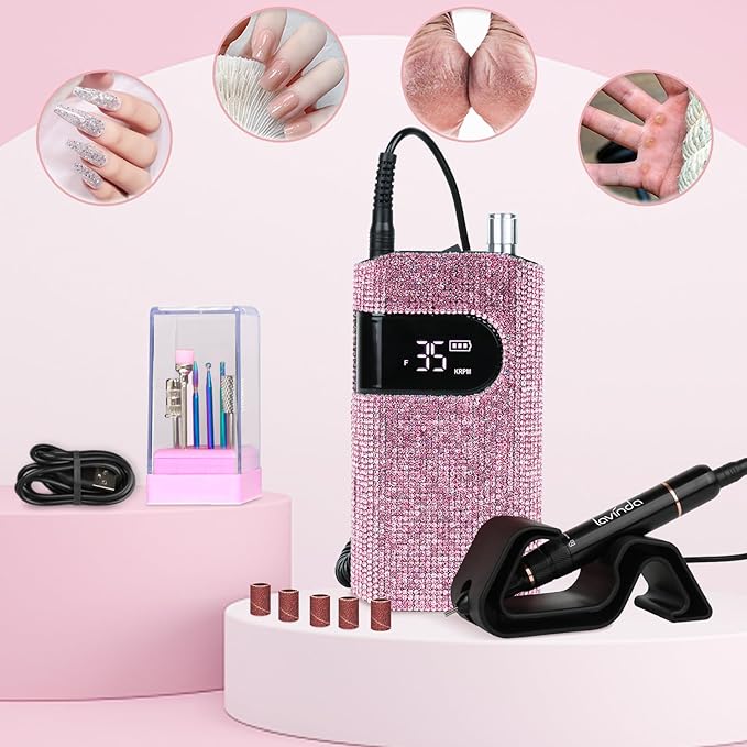 Professional Nail Drill Machine, Lavinda 35000RPM Electric Nail File for Acrylic Gel Nails, Cordless Portable Nail Drill Kit with Coreless Motor, Manicure Pedicure Shape Tools (Diamond, Pink)