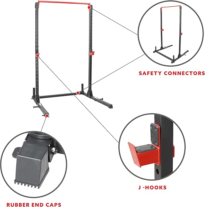 Sunny Health & Fitness Power Cage and Squat Rack In High Weight Capacity with J-Hooks, Adjustable Pull Up Bar, Weight Plate Holders, Resistance Band Posts