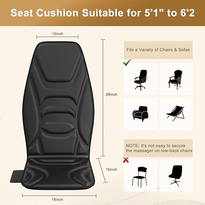 Back Massage Chair Pad with Heat, Back Massager for Back Pain Relief, Portable Massage Chair Cushion for Home Office, Best Gifts for Dad & Mom