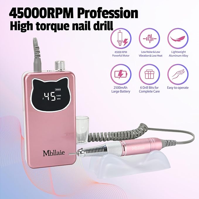 Professional Nail Drill File 45000RPM Electric Portable Nails Drills Kit with Rechargeable 7 uñas Bits Cordless Efile for Poly Gel Acrylic Nails Remover Home Salon Pedicure Manicure Tool (Rose Pink)