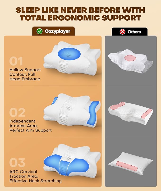 Cozyplayer True Cooling Cervical Neck Pillow for Pain Relief, Ergonomic Side Sleeper Pillow for Neck Support, Odorless Orthopedic Contour Memory Foam Pillows, Bed Pillow for Back Stomach Sleeper