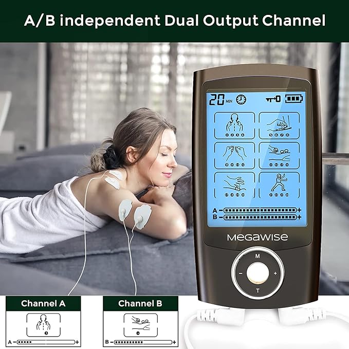 MegaWise 48 Modes(24 * 2) Dual Channel EMS TENS Unit Muscle Stimulator with 14Pcs Reusable Electrode Pads. Rechargeable Continuous Mode Electronic Pulse Massager with Storage Pouch/Pads Holder