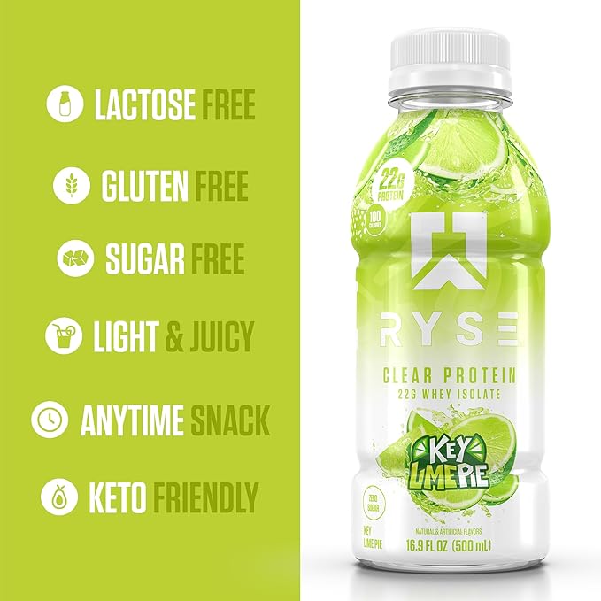 RYSE Clear Protein Shake - Key Lime Pie - 100 Calories, 22g Whey Isolate Protein, Sugar-Free, 0g Fat & Lactose-Free - Refreshing Ready-to-Drink Beverage - 16.9 fl oz Bottles (12-Pack)