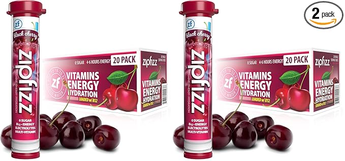 Zipfizz Energy Drink Mix, Electrolyte Hydration Powder with B12 and Multi Vitamin, Black Cherry, 20 Count (Pack of 2)