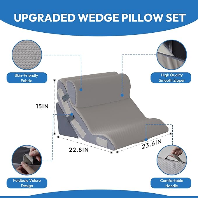 3PCS Orthopedic Bed Wedge Pillow Set for Sleeping, Sitting up in Bed, 6-in-1 Foam Wedge Pillow for Acid Reflux & Back Pain Relief & Leg Elevation, Post Surgery Pillows for GERD & Snoring, Grey