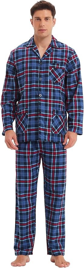 GLOBAL Men's Pajamas Sets 100% Cotton Flannel Sleepwear Long-Sleeve top & Bottom