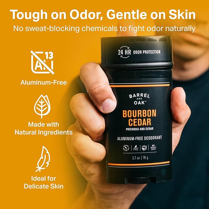 Barrel & Oak Aluminum Free Deodorant for Men, Natural Men's Deodorant with Patchouli & Cedar Essential Oil for Delicate Skin, Grooming Kit Gifts for Men, Bourbon Cedar, 2.7 oz, 2-Pack