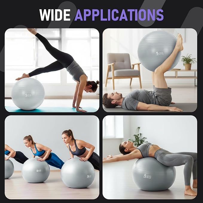 Gruper Yoga Ball and Pilates Ball,4 Sizes Exercise Ball for Fitness, Workout, Pregnancy and Physical Therapy,Quick Pump Included,Great as Yoga Ball Chair for Office or Home Gym Equipment