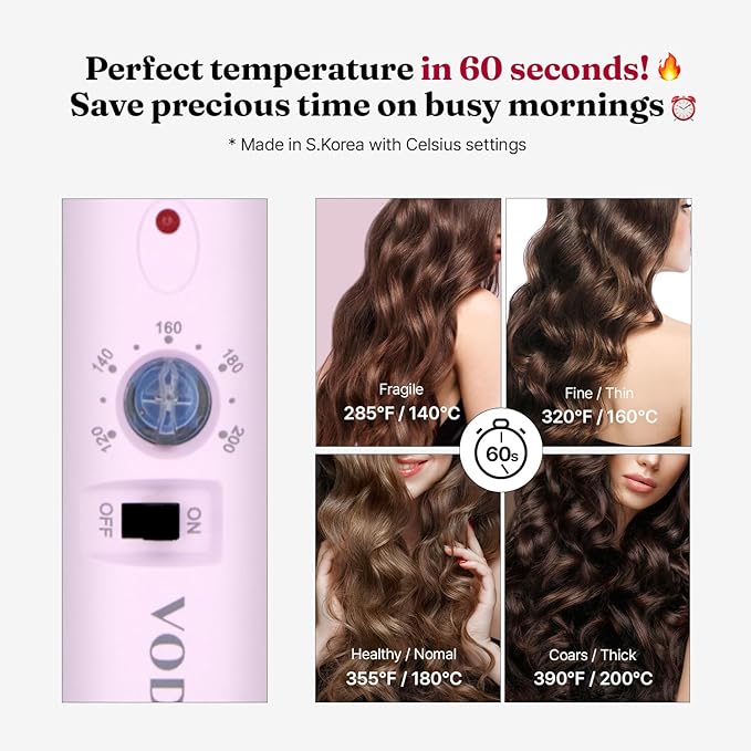 VODANA Professional GlamWave Ceramic Curling Iron, Long-Lasting Natural Curls, Instant Heat, Hair Curler, Curling Wand, Available in USA (1.25 inch, Lavender)
