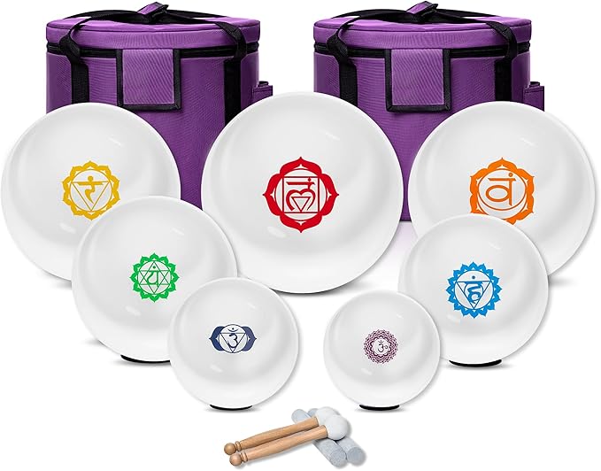 6-12inch Chakra Symbol Design 432hz Quartz Crystal Singing Bowls Set of 7, for Healing Mindfulness Meditation Yoga Sound Baths with Case Mallet Suede Striker
