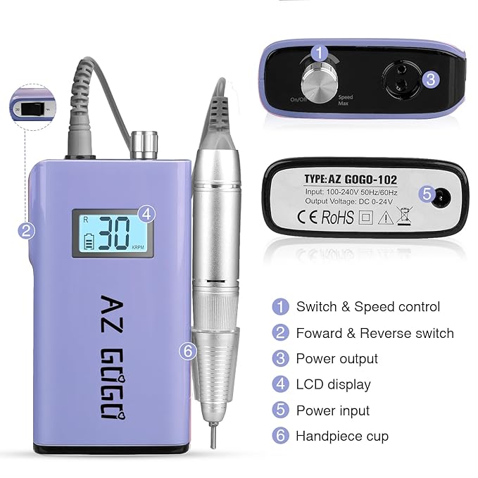 Rechargeable Nail Drill Machine, AZ GOGO 30000RPM Professional Portable Nail Drills for Acrylic Gel Nails - Cordless Electric Nail Drill with LCD Display (Purple)