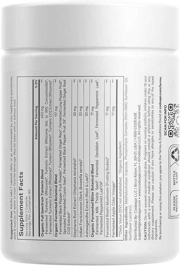 Codeage Organic Turmeric Supplement - 95% Curcumin Extract Pills - Liposomal Fermented Botanical Blend Black Pepper, Ashwagandha, Ginger, Stephania, Boswelia, Cumin, Digestive Bitters - 2 Pack