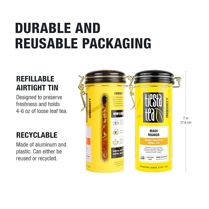 Tiesta Tea - Maui Mango, Loose Leaf, Mango Pineapple Herbal Tea, Premium Non-Caffeinated Fruit Blend, Makes Hot or Iced & Brews Up to 250 Cups - 16oz Bulk Pouch & 5.5oz Refillable Tin Combo