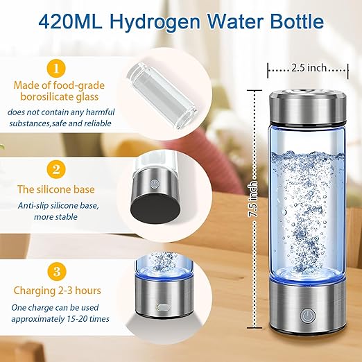 Hydrogen Water Bottle Generator, Portable Hydrogen Water Ionizer Machine Rechargeable Hydrogen Rich Water Glass Bottle for Travel 420ml Gift for Women Gifts for Men Gifts for Friend Birthday Gifts