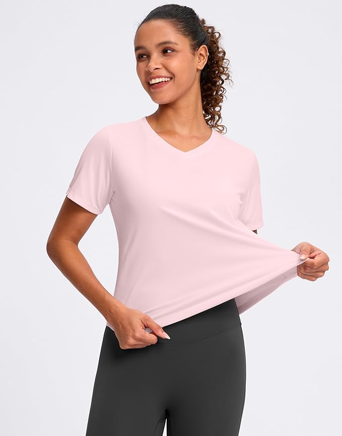 Womens Workout Tops V-Neck Short Sleeve UPF 50+ Sun Shirt Moisture Wicking Quick Dry Top for Gym, Running, Athletic