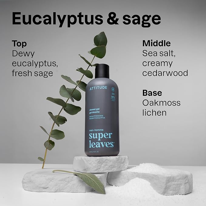 ATTITUDE Shower Gel Body Wash for Men, 98% Natural Origin Ingredients, Paraben & Phthalate Free, EWG Verified, Cleanses Without Drying, Eucalyptus & Sage, 14 Fl Oz (Pack of 3)
